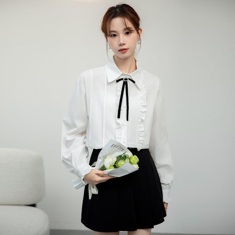 Korean Style Bow Tie White Shirt - Women's Spring 2026 Long Sleeve Top