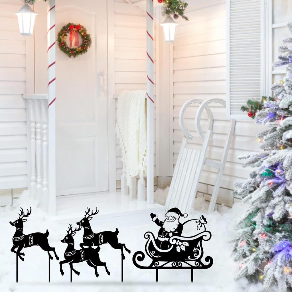 Outdoor Christmas Reindeer & Santa Sleigh Metal Garden Decoration