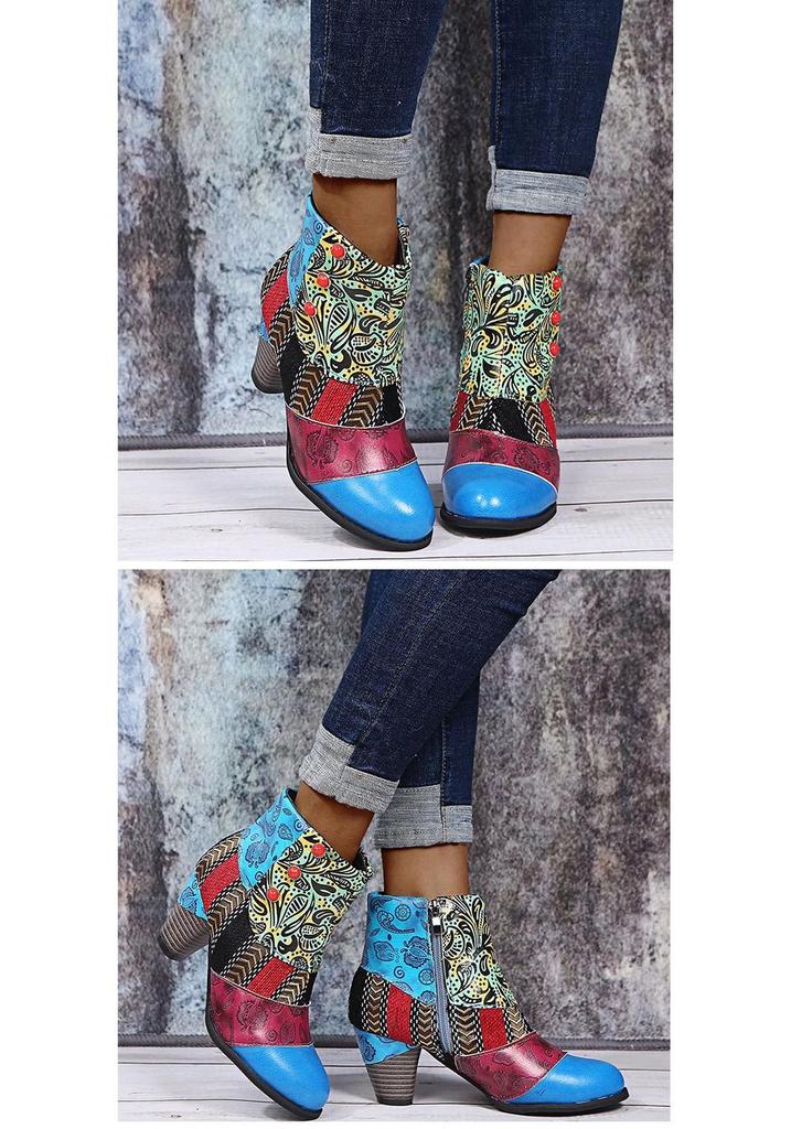 Bohemian Plus Size High Heel Martin Boots - Ethnic Style Patchwork Leather for Women