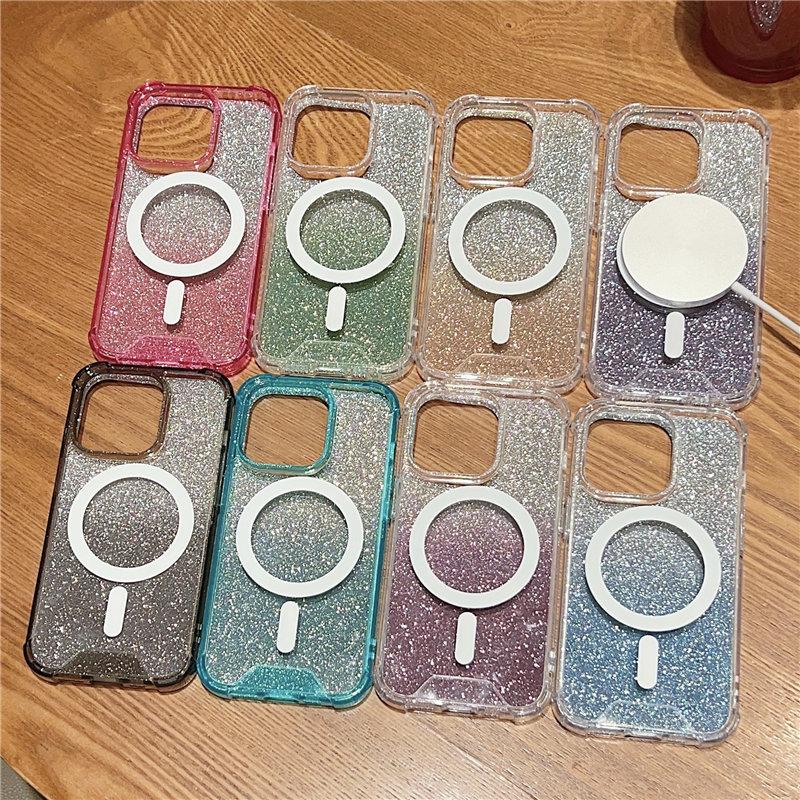 Shining Glitter Wireless Charging Clear Phone Case For Iphone 14 13 12 11 Pro Max 14plus Shockproof Bumper Silicone Back Cover