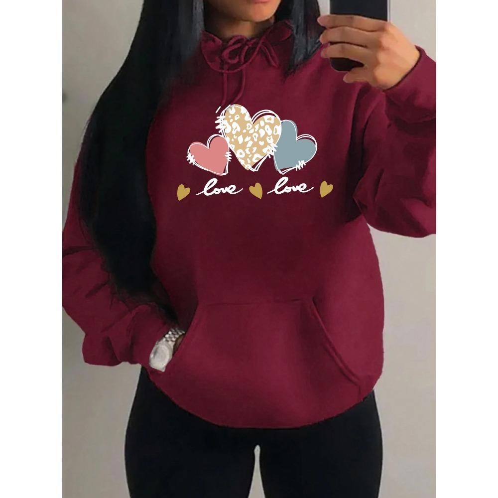 Pink Leopard Print Heart Combination Printing Women Hoody Loose Hip Hop Hoodie Casual Fleece Sportswear Y2K Hoodies