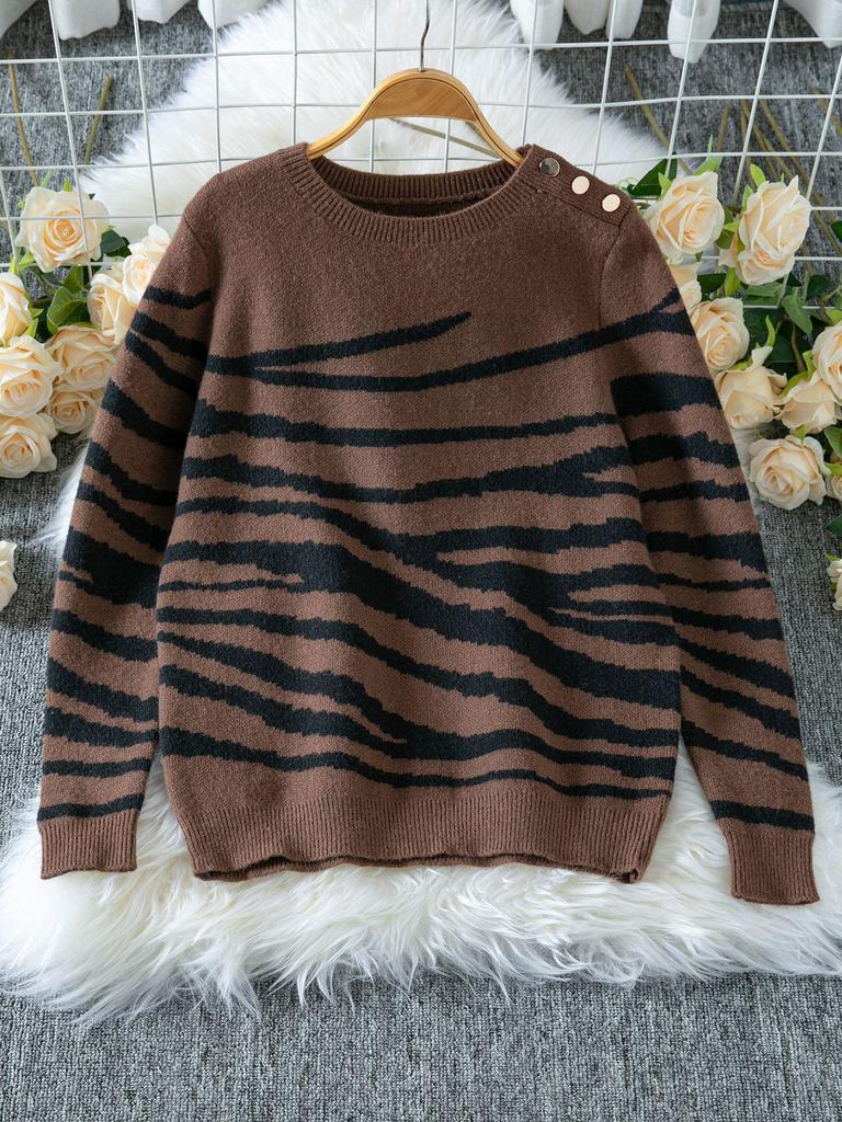 2025 Autumn/Winter Women's Zebra Print Color Block Sweater with Round Neck & Shoulder Buttons