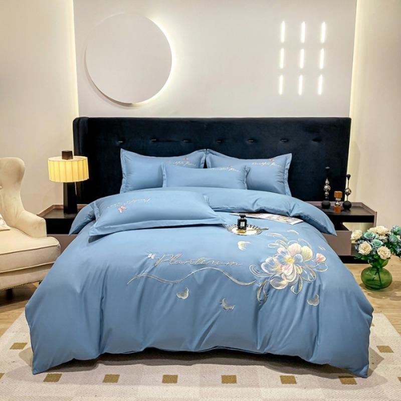 New High-end Embroidery Four Piece Set Solid Color Elegant Cotton Skin Friendly Brushed Bedding Four Piece Set Bed Sheet Set