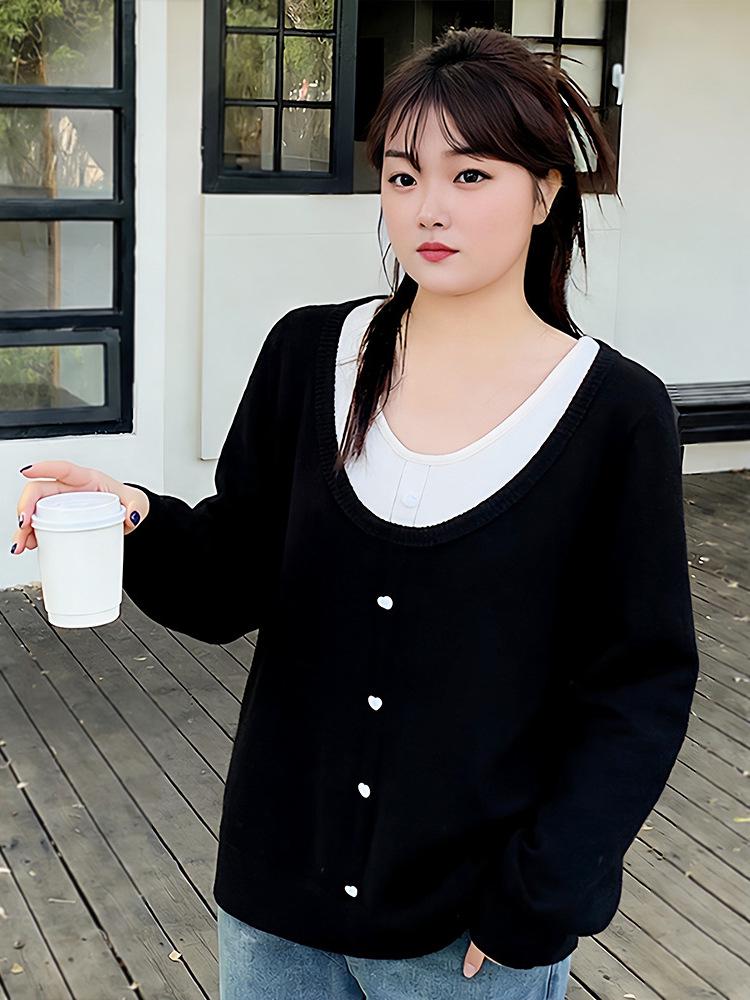 Plus Size Sweet Patchwork Knitwear for Women - Spring/Autumn, 130-320 Jin, Age-Reducing Two-Piece Top