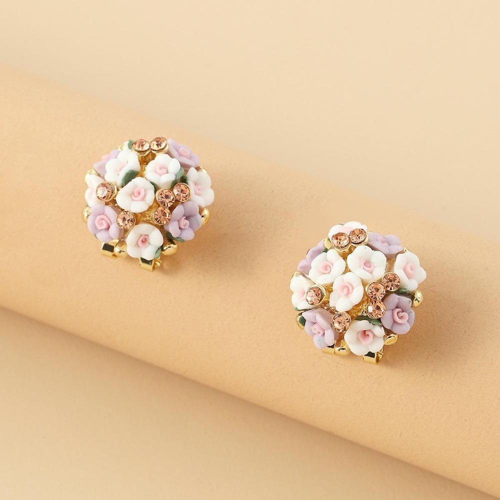 Romantic Ceramic Flower Rose Diamond Alloy Earrings Temperament Ear Buckle Exquisite Stud Earrings Jewelry Popular