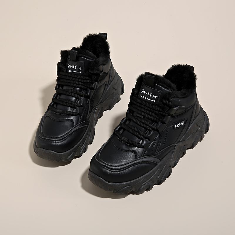 CRLAYDK Chunky Sneakers for Women High Top Fashion Fur Lined Warm Winter Shoes Platform Black Ladies Walking Dad Sport Tennis