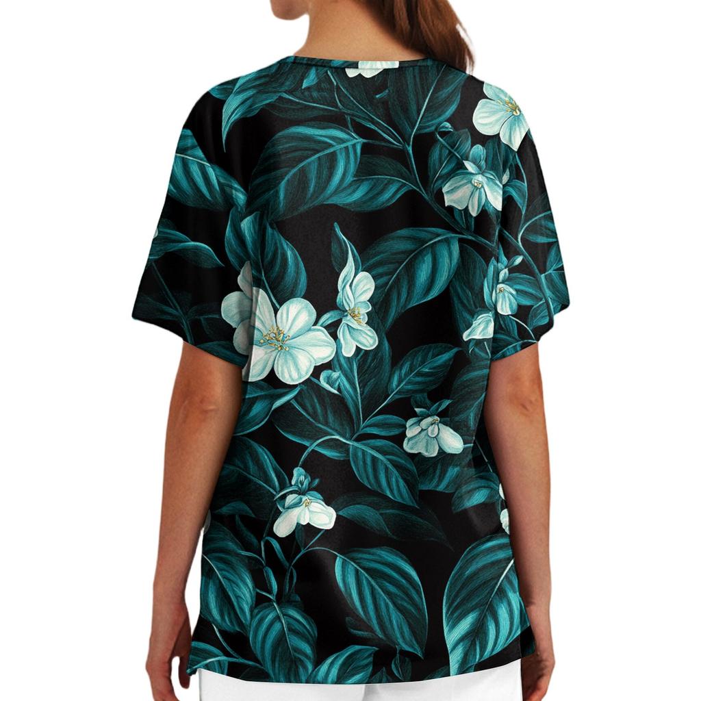 Damen Casual Bedrucktes V-Ausschnitt Taschen Seitennaht Schlitz Kurzarm Top