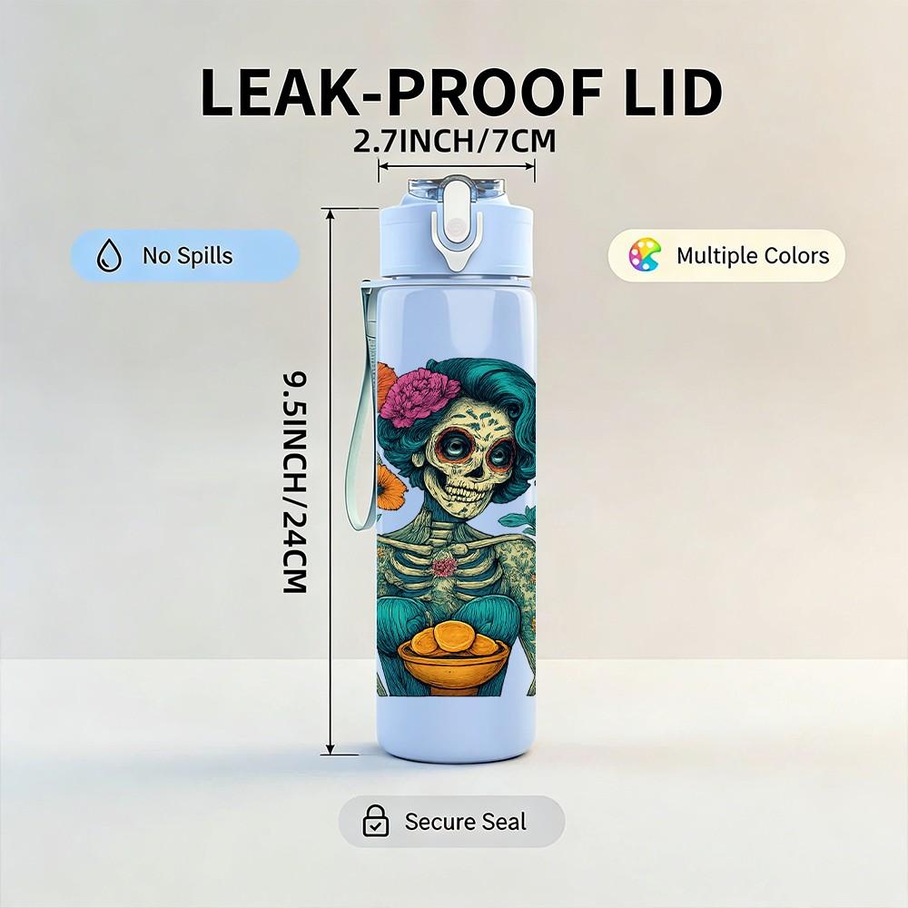 1PC Sugar Skull Colorful Art Print 750ml Color Plastic Sports Water Bottle Leakproof Flip Straw Lid Suitable for Sports Office Home Use