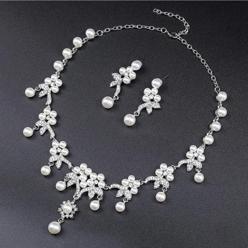 Branch Shaped Simulation Pearl Necklace Earrings Set Ethnic Retro Jewelry Bride Dress Accessories