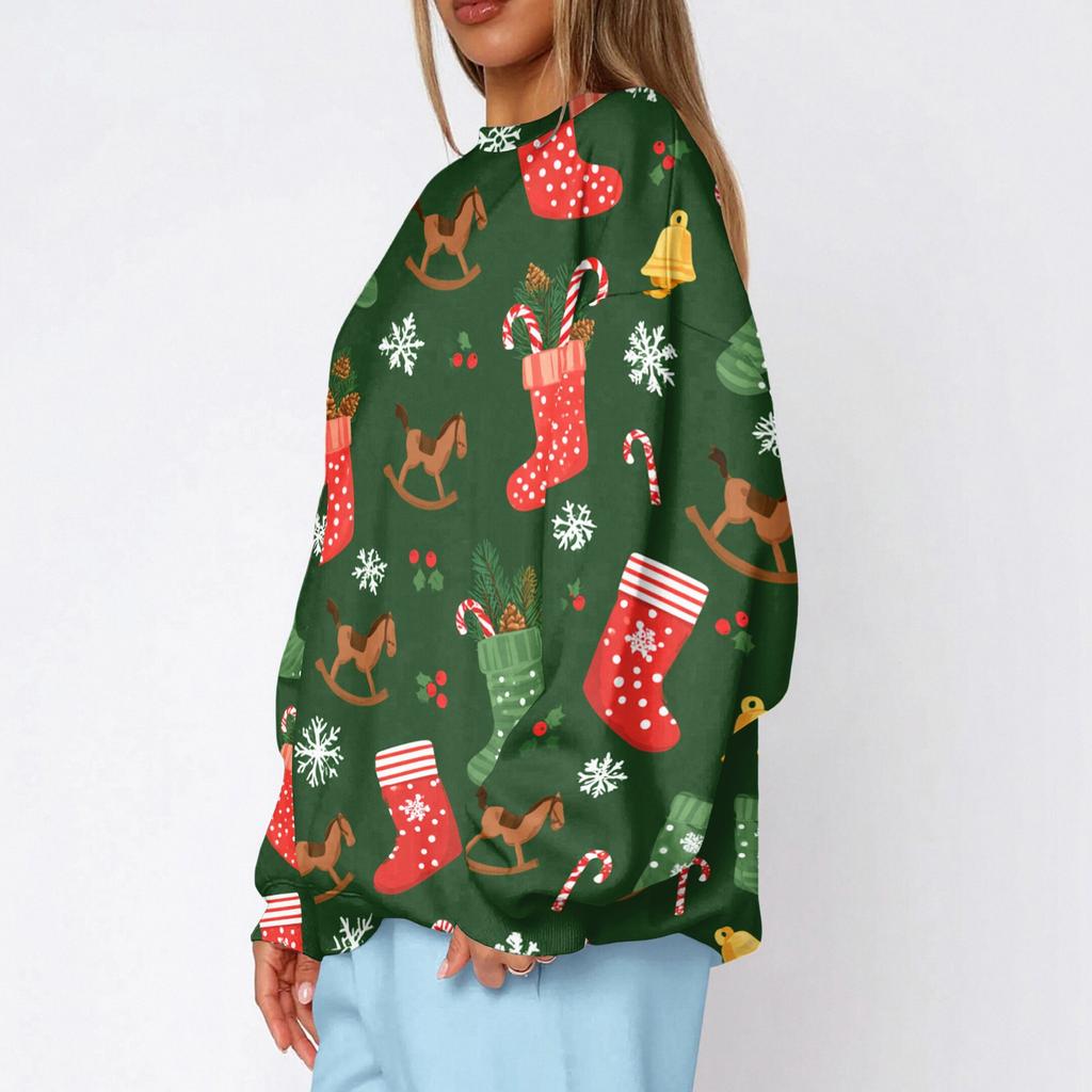 Women's Christmas Print Crewneck Sweatshirt Lightweight Casual Pullover for Holiday