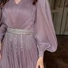 Women Maxi Dress V-Neck Puff Long Sleeve Waist-Hugging Design Long Dress Pleated