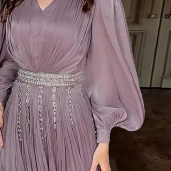 Women Maxi Dress V-Neck Puff Long Sleeve Waist-Hugging Design Long Dress Pleated