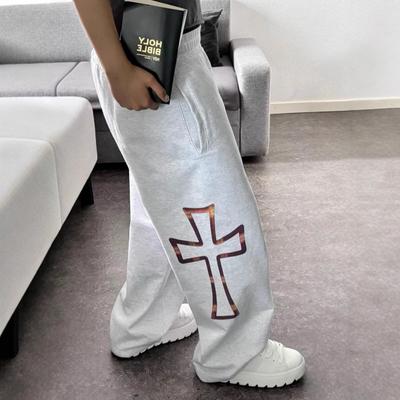 Mens Streetwear Loose Straight Cut Jogger Pants With Cross Print Hip Hop Casual Trousers Fashion