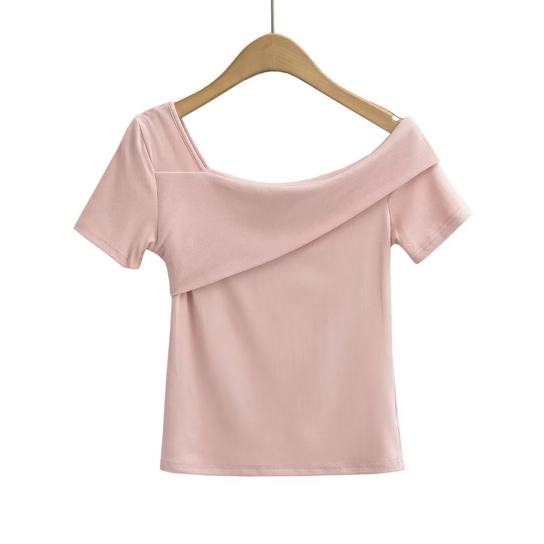 

2025 Spring/Summer Women s Slimming Off-Shoulder Short-Sleeve T-Shirt Medium рожевий