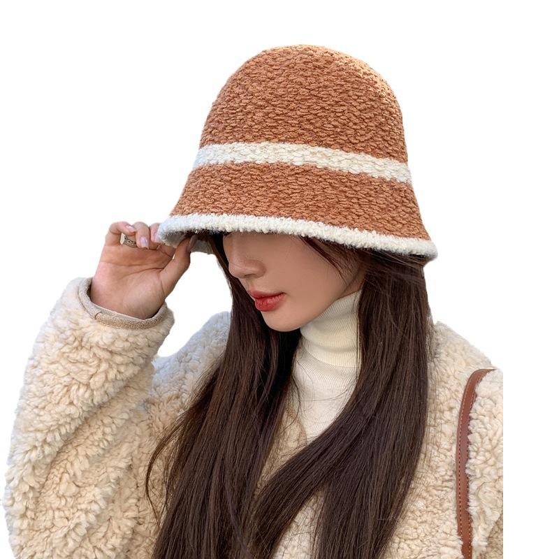 Autumn and winter big head circumference hat female plain bucket hat female winter warm washbasin hat solid color striped bucket hat