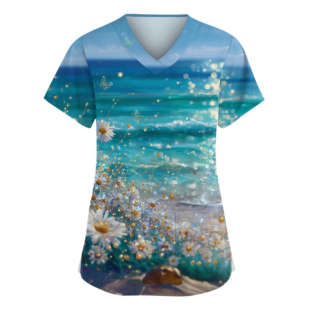 Women's Fashion V,Neck Short Sleeve Overalls With Pockets  Print Tops  Clothes