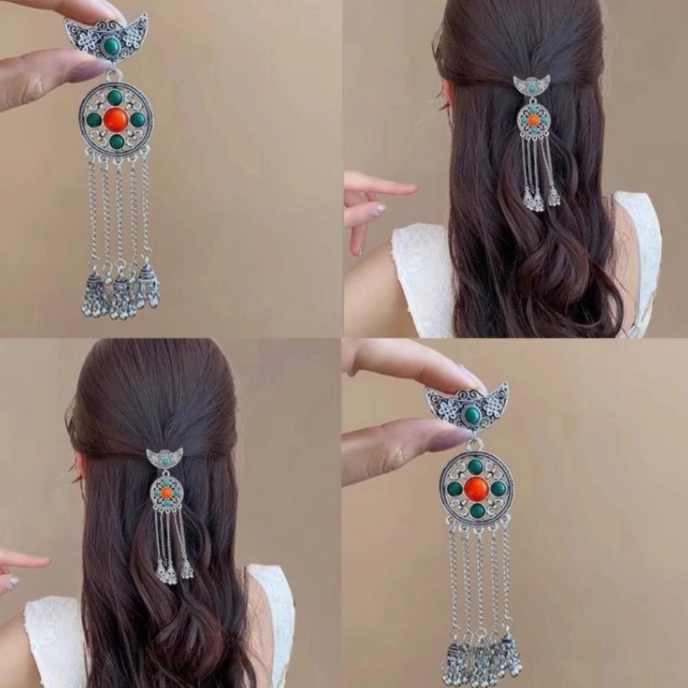 Metal Crescent Shape Tassel Hairpin Silver Hanfu Hair Fork Antique Ethnic Style Hair Stick Women
