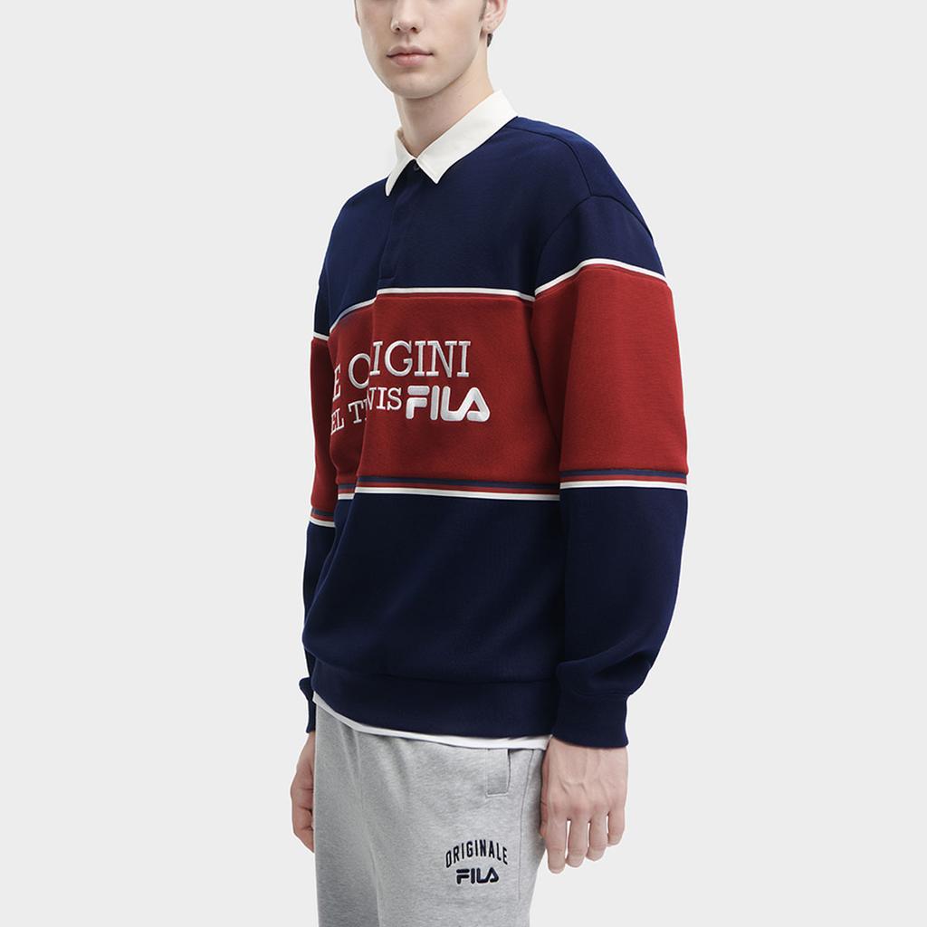 Fila Color Block Casual Long Sleeve Polo Shirt Men Tops Dark-Navy F11M349202FDB