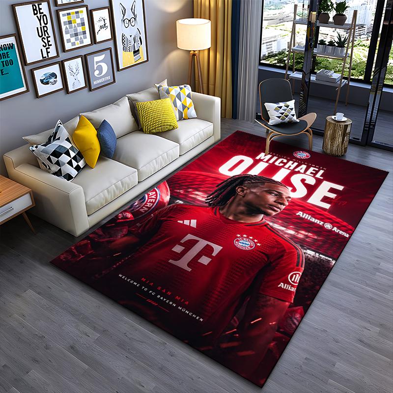 Soccer Star Area Rug, Michael Olise Bayern Munich Welcome Allianz Arena Red Print, Football Fan Bedroom Decor, Non-Slip Mat