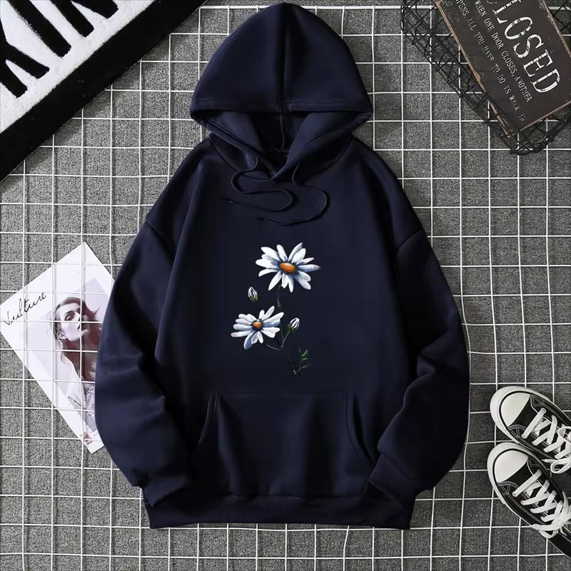 2025Creative White chrysanthemumPattern Women clothing Soft Simplicity hoddy Hot Sale Basics Streetwears Personality Hip Hop Top