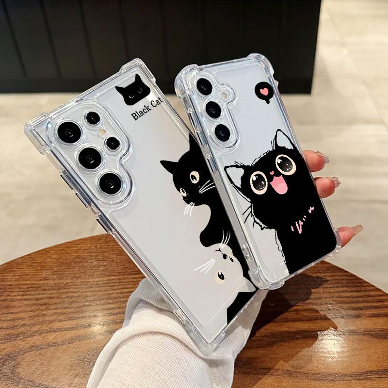Black Cat Cartoon Art Phone Case For Samsung Galaxy S25 FE S24 S23 S22 S21 Ultra S20 Plus Note 20 10 S25FE Soft Shockproof Cover
