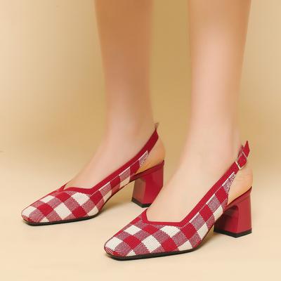Women's Plaid Slingback Heels Square Toe Work Pumps Comfortable Chunky Pumps Knitted Closed Toe Stylish Dressy Shoes Slip On Business Chunky Heels