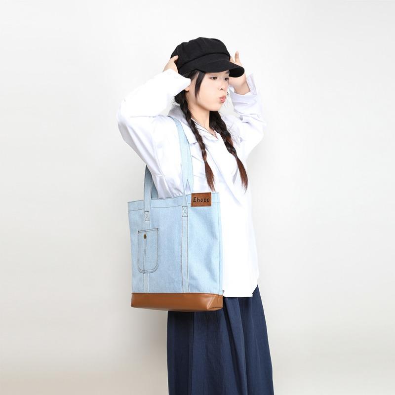 Bolsa de Ombro Jeans Bolsa de Estudante Universitária Bolsa Tote Bolsa Feminina Bolsa de Lona de Grande Capacidade