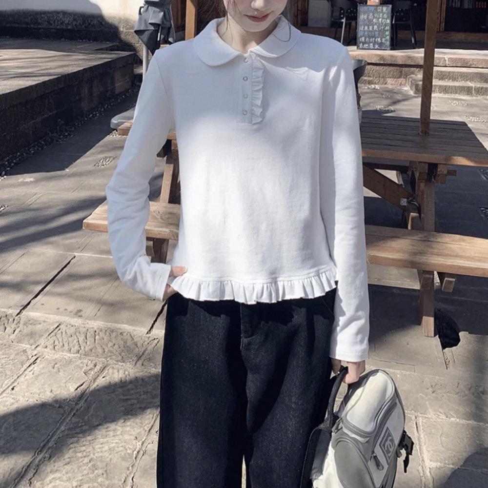 Women s Korean White Lace Collar Slim-Fit Long-Sleeve Top for Autumn/Winter S белый