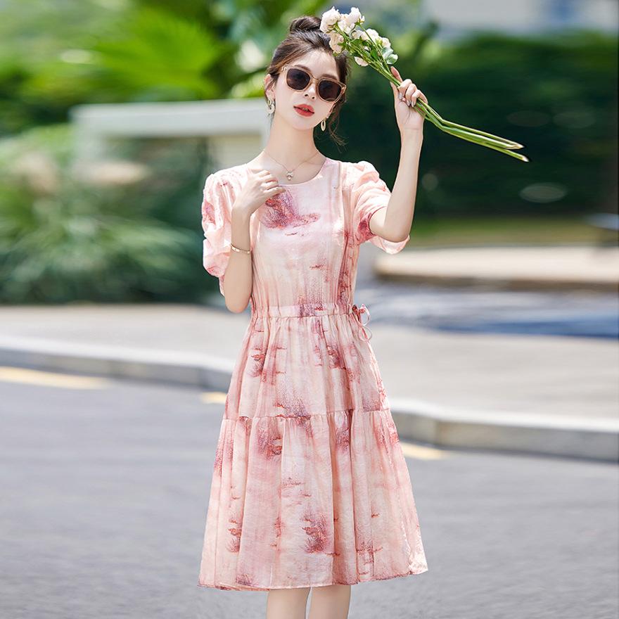 Popular French floral dress women's summer new temperament waist thin beautiful skirt
