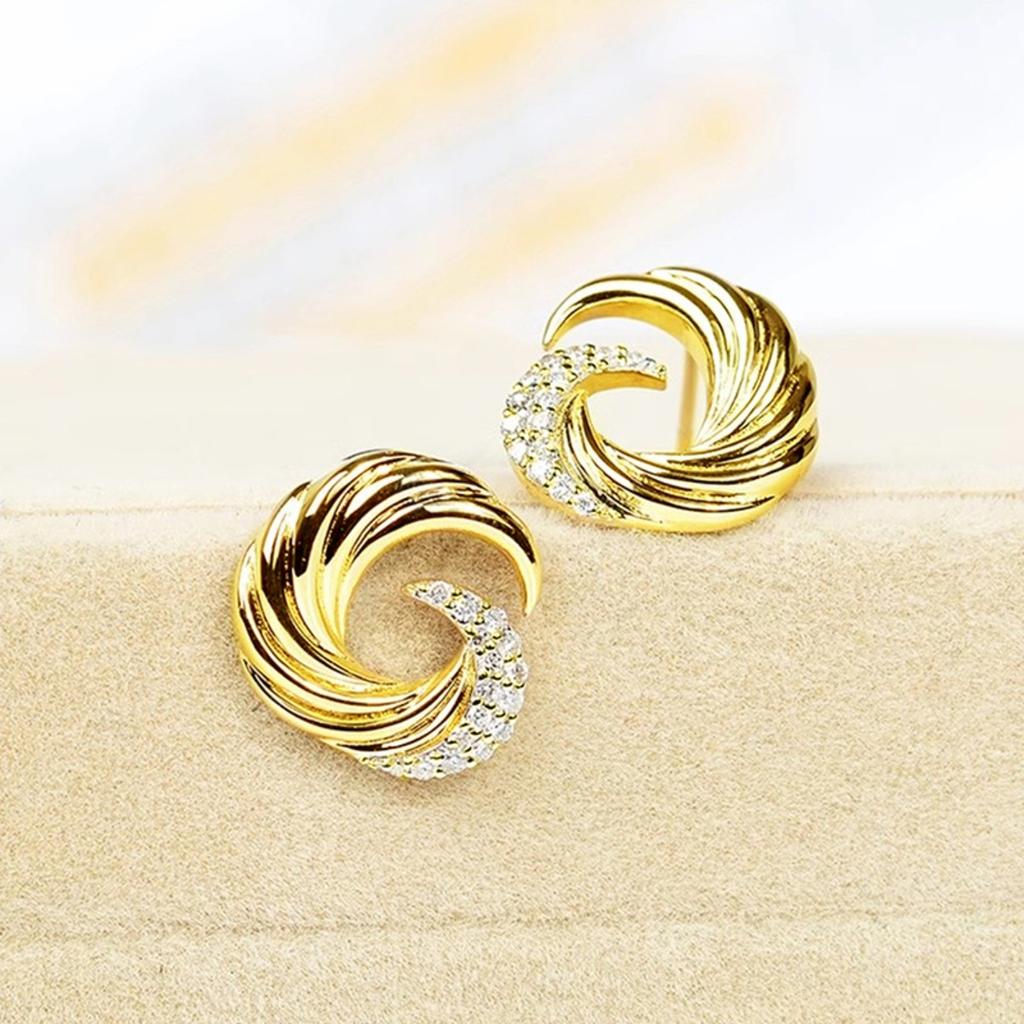 Swirl Wave Stud Earrings for Women Elegant Gold Tone Paved Stone Earrings for Daily and Special Occasions