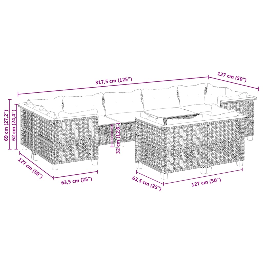 Vidaxl 9-Cz. Set di Mobili da Giardino con Cuscini, Grigio, Polyrattan