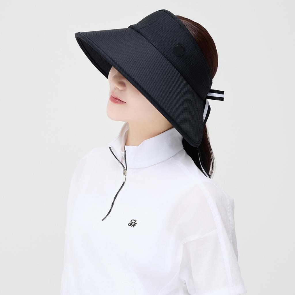 CHALLENGER Women'S Waffle Texture Detachable Ribbon Accent Wide Brim Sun Cap Black