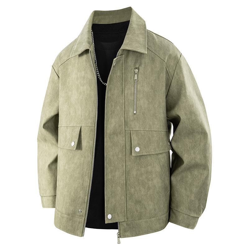 

PU leather jacket men s jacket American trendy brand loose zipper lapel jacket retro tie-dye motorcycle style jacket 3XL хаки