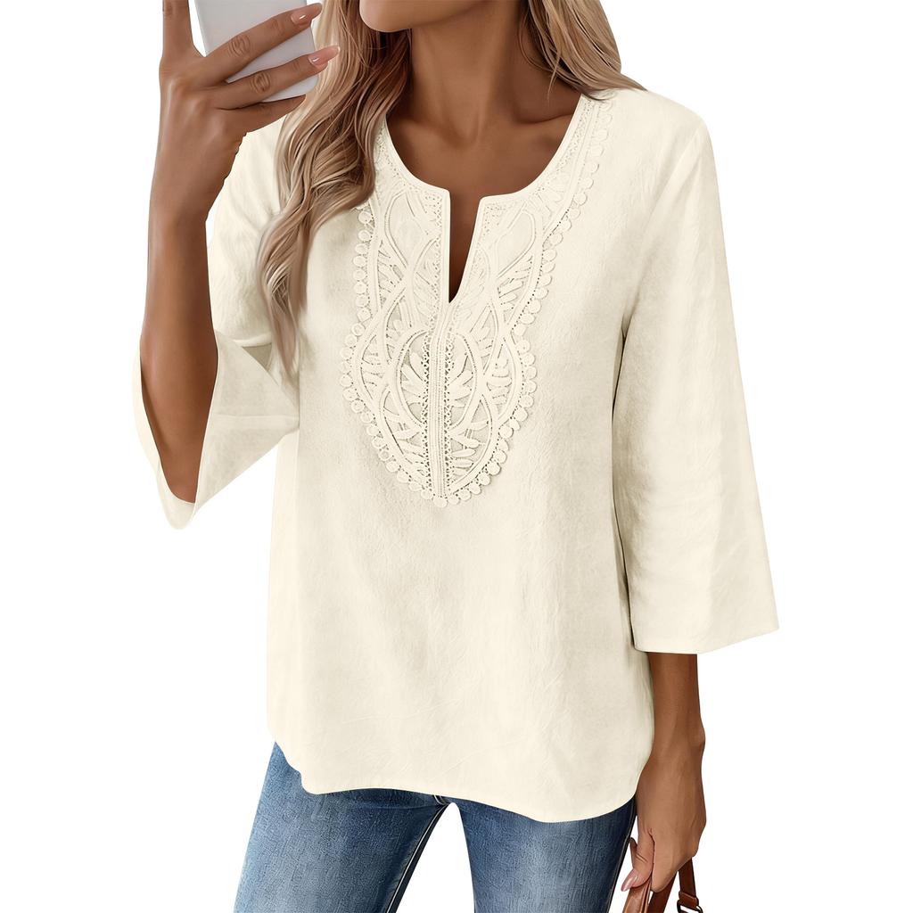 Blusa Casual da Donna con Maniche a 3/4 Ricamata, Vestibilità Larga, Tunica con Scollo a V Spaccato per l'Uso Quotidiano, Stile Comodo