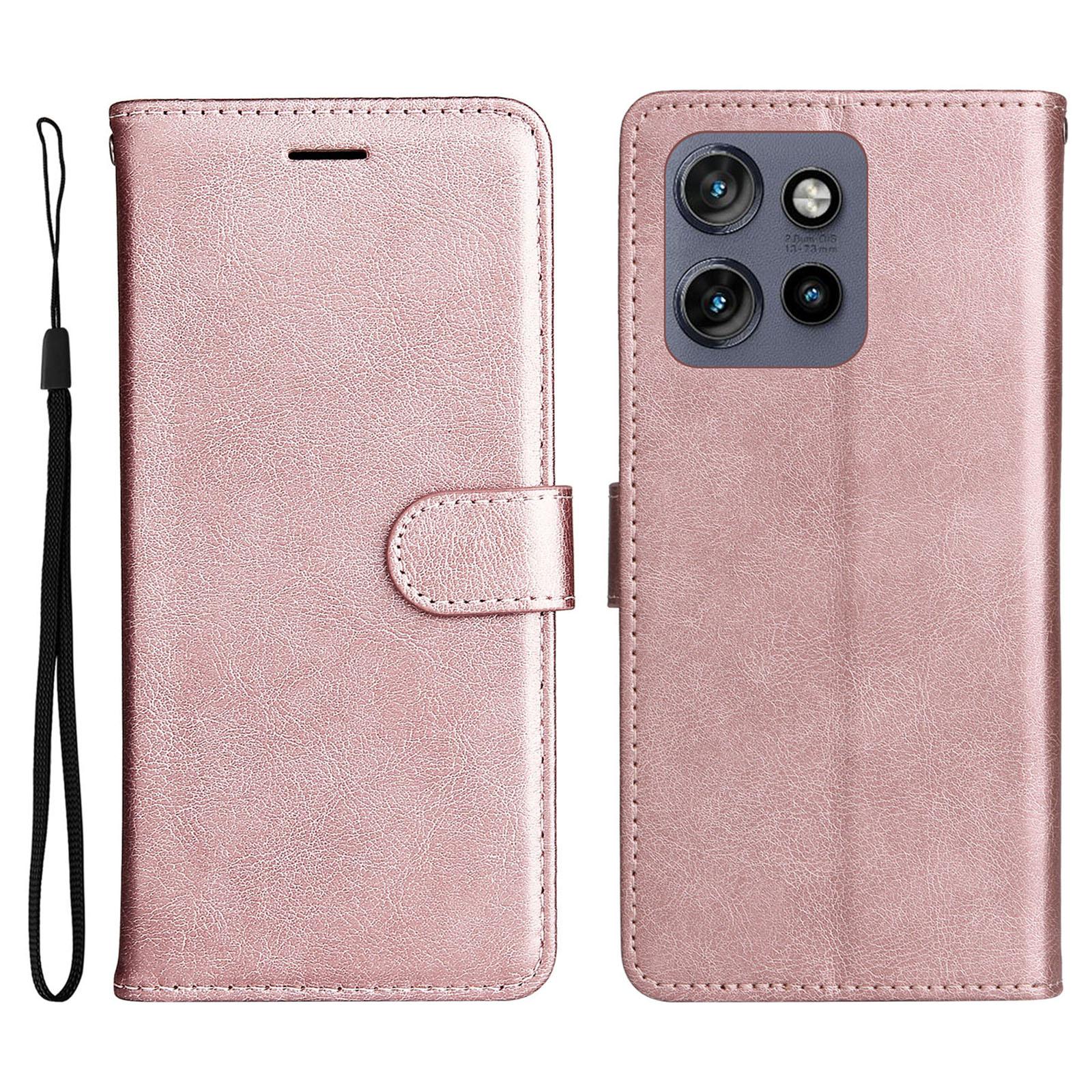 

For Motorola Edge 50 Neo 5G/Moto S50 5G/Thinkphone 25 5G Case Solid Color Leather Mobile Cover Wallet Stand with Strap Rose Gold