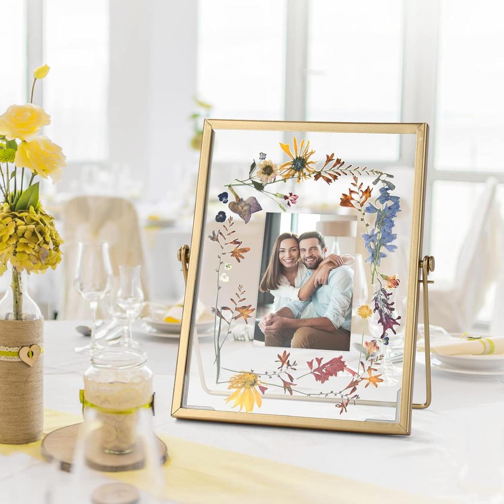 Gold Picture Frame Set - /w 68 Pcs Dried Flowers and Tweezer - Double Glass Frame for Pressed Flowers, Pressed Flower Frames for Handicrafts, Photo