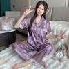 Summer lace patchwork stripes Women Sleepwear Sets Rest Autumn Pajamas Set Turn Down Collar Faux Silk Satin Short Sleeve Female Pijama Home Wear