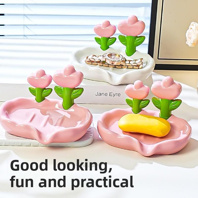 Flower Soap Box No Drill, Waterproof Plastic Soap Holder, High Aesthetic Design, Ideal for Bathroom Organization