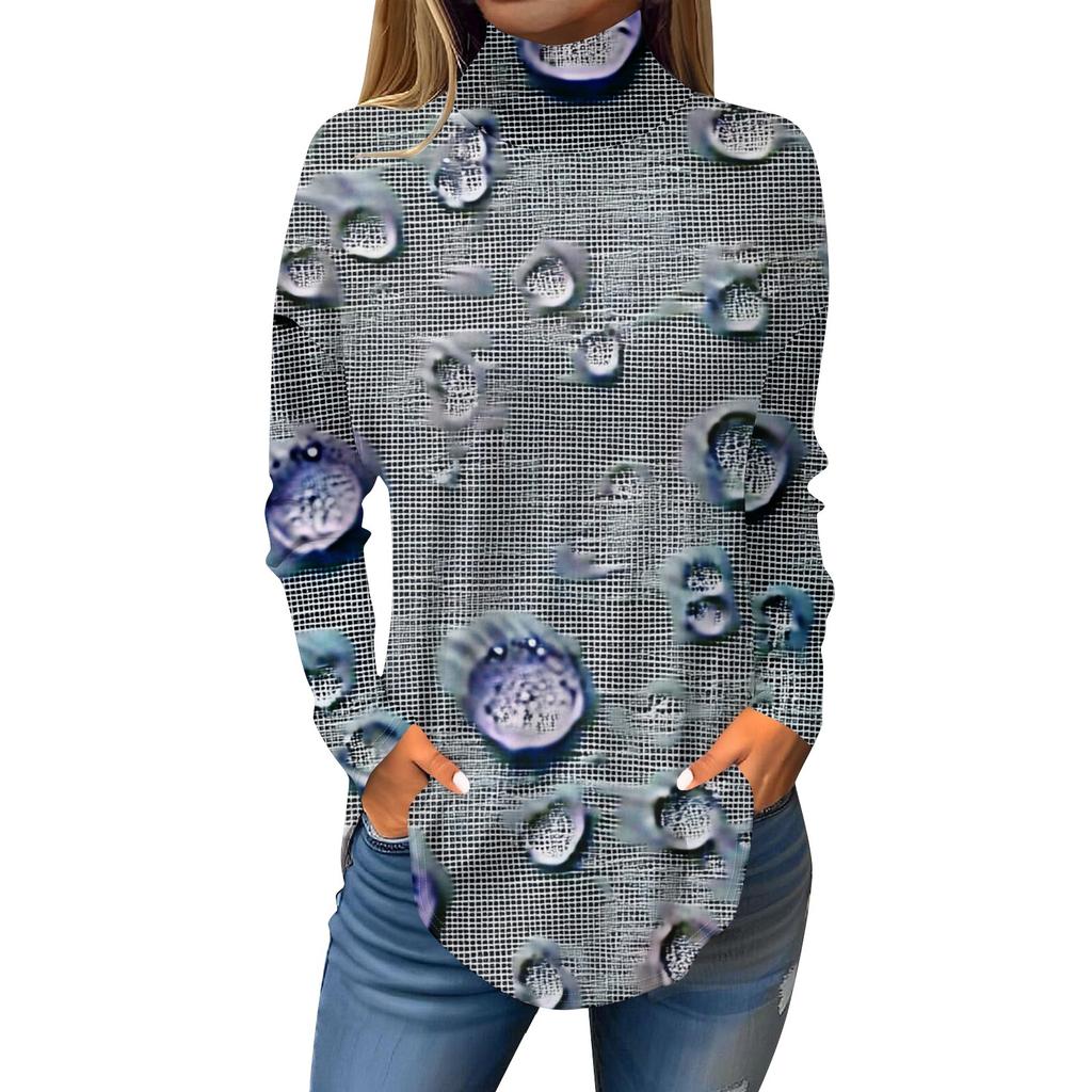 Tee Shirts For Women Fall Casual Long Sleeve Shirts Sweatshirt Vintage Printed High Neck Top Pullover