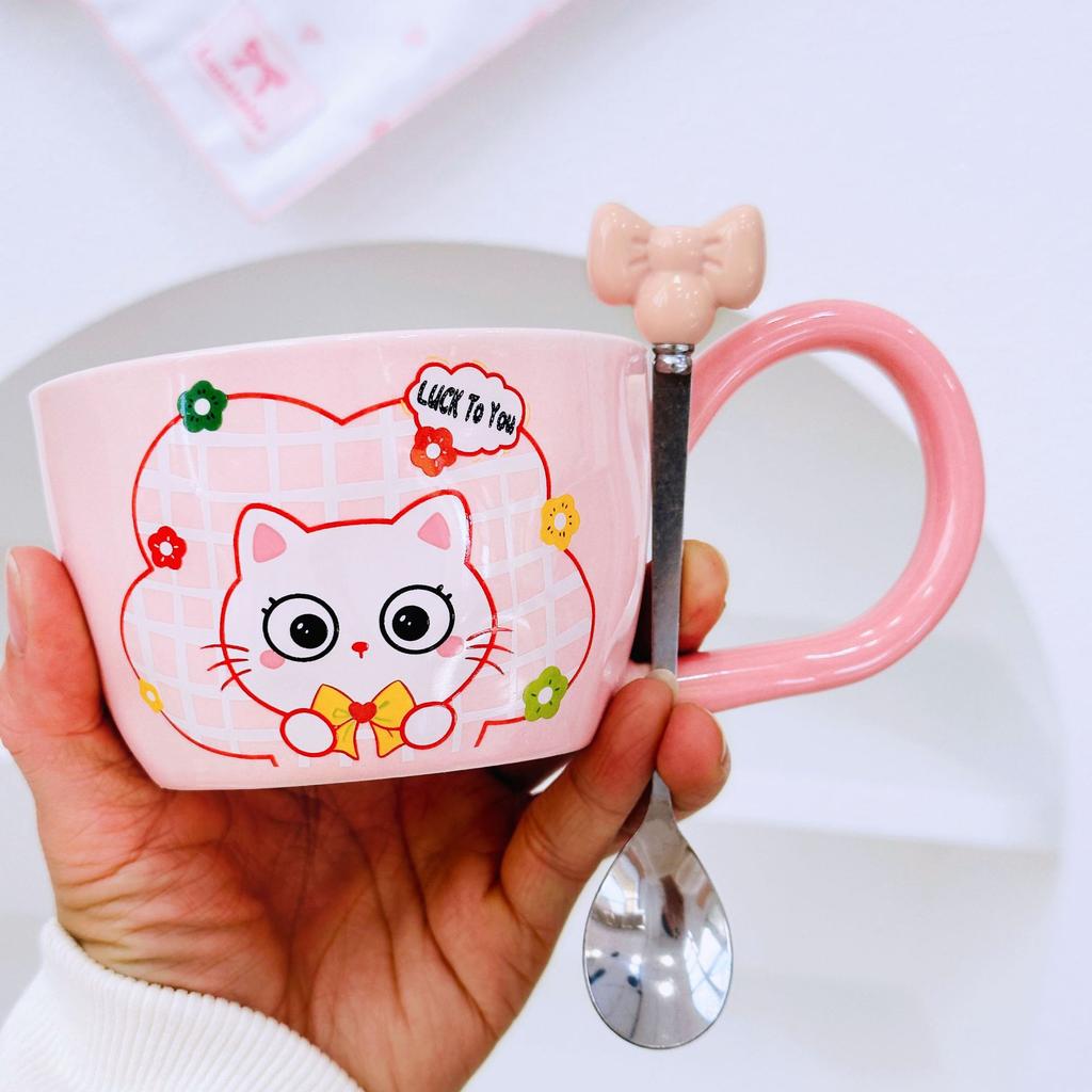 Kitten with Spoon Cute Cartoon High Value Large Capacity Souvenir Mug Girl Couple Ceramic Cup Set