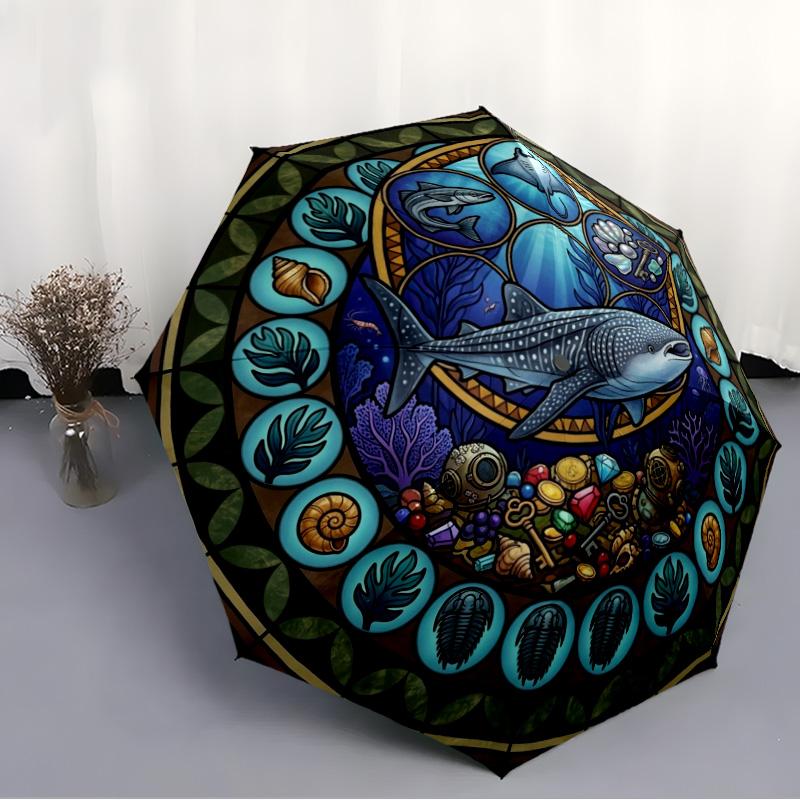 Ocean Life Glass Pattern Umbrella, Portable and Foldable Design, 8 Ribs, a Casual Accessory for Halloween, Christmas, and Birthday Gifts.