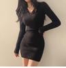 Women's Slimming V-Neck Knitted Sweater Dress - Autumn/Winter, Sexy Slim-Fit, Tight Hip-Hugging Design