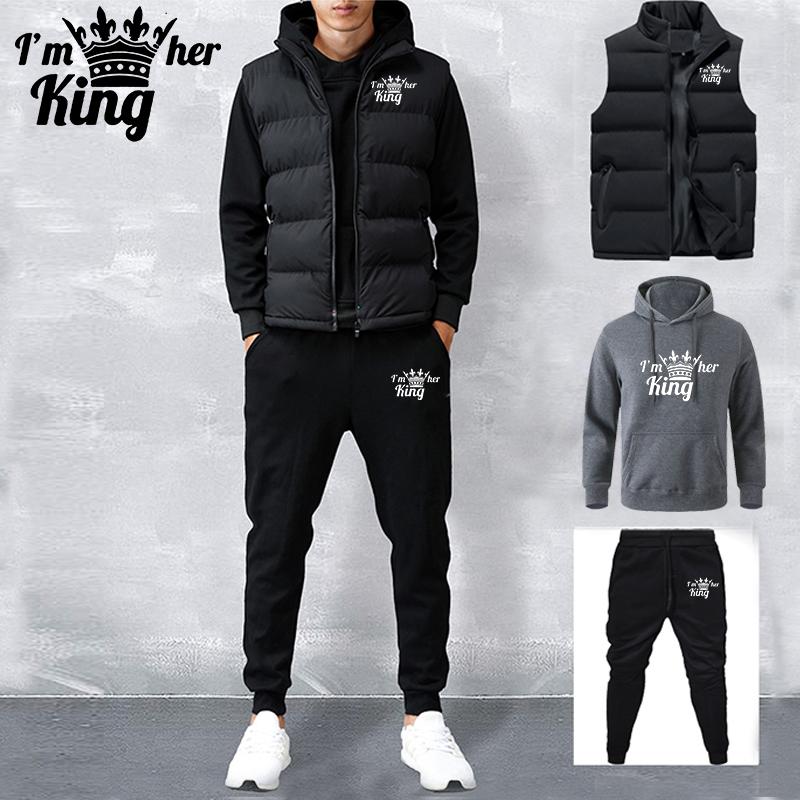 Men's Tracksuit New Autumn and Winter Solid Color  Printed Hoodie + Vest + Pants Three-piece Set Couple Casual Sportswear