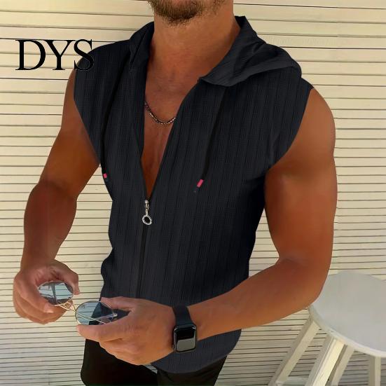 Bequemes Herren Freizeit T-Shirt Mit Kapuze Reißverschluss Jacquard Ärmelloser Hoodie Stylisches Hemd mit Reißverschluss Vorne Texturiertes Sommer Tanktop für Fitnessstudio Straße