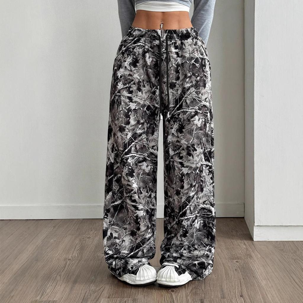 Women's Drawstring Waist Camouflage Wide Leg Pants Casual Loose Streetwear Trousers