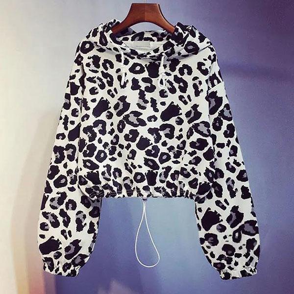 WTEMPO Dámské jarní podzimní kabáty s dlouhým rukávem s leopardím potiskem, velká velikost, volný střih, streetwearové krátké bundy s kapucí