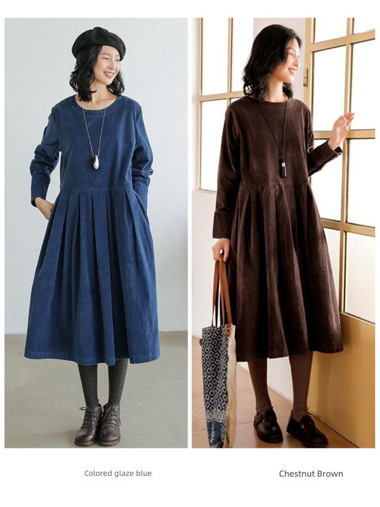 Autumn 2021 Japanese-Korean Corduroy Literary Dress - Women's Long-Sleeve Midi Skirt