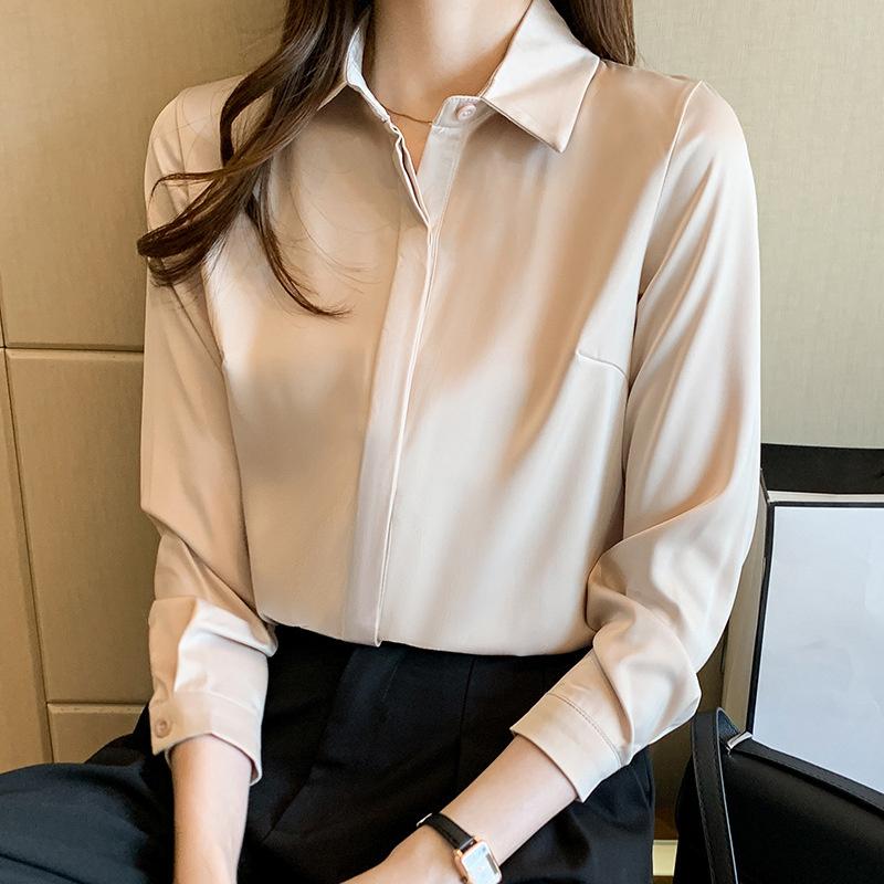 2026 Spring New Satin Long-Sleeve Shirt for Women, Elegant Chiffon Blouse, Ladies' Casual Solid Color Top