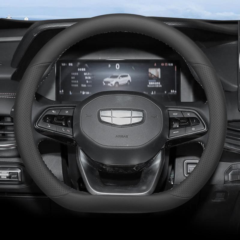 Genuine Leather Steering Wheel Cover for 24 Geely Models: Haoyue L, Xingyue L, Zhiqing, Xingrui, Binrui, Binyue - Green