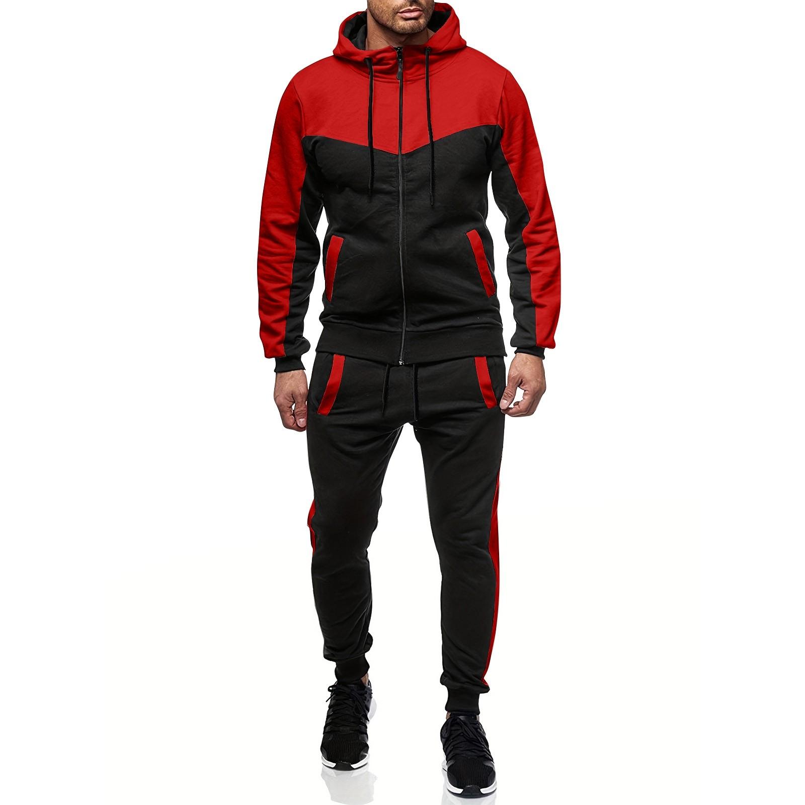 

Мужской зимний костюм с капюшоном на молнии с цветными блоками и длинным рукавом, свитшот и брюки XL красный